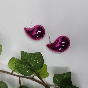 Small 1" Metallic Fuschia Pink Chunky Teardrop Earrings New